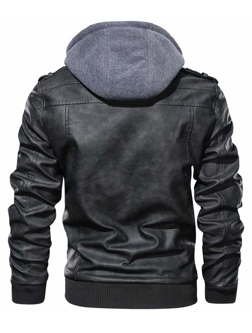 chouyatou Men's Vintage Removable Hooded Slim Motorcycle Faux Leather Bomber Jacket