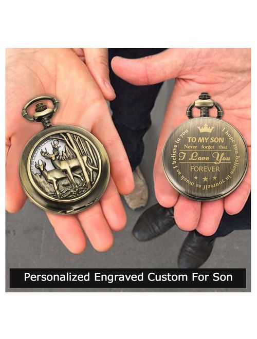 SIBOSUN Personalized Pocket Watch Engraved Back Case Gift Birthday Men to My Son Deer Reindeer Quartz