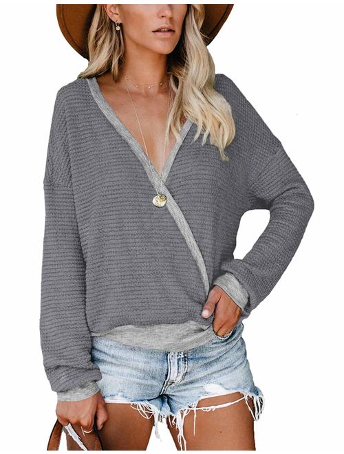 NSQTBA Deep V Neck Wrap Sweaters Long Sleeve Waffle Knit Pullover Tops Shirts