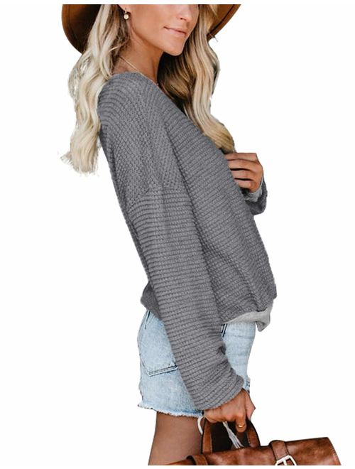 NSQTBA Deep V Neck Wrap Sweaters Long Sleeve Waffle Knit Pullover Tops Shirts