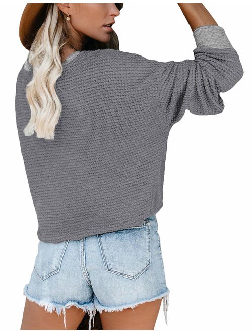 NSQTBA Deep V Neck Wrap Sweaters Long Sleeve Waffle Knit Pullover Tops Shirts