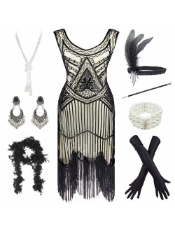 1920s Gatsby Fringed Paisley Plus Size Flapper Dress with 20s Accessories Set