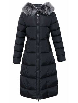 Women's Winter Windproof Padded Long Down Alternative Coat Faux Fur Hood