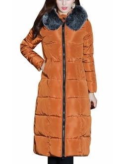 Women's Winter Windproof Padded Long Down Alternative Coat Faux Fur Hood