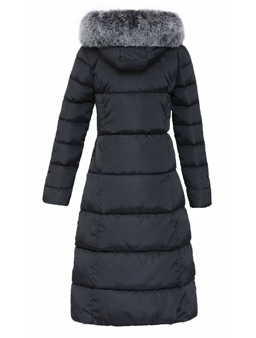 chouyatou Women's Winter Windproof Padded Long Down Alternative Coat Faux Fur Hood