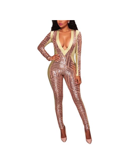 Aro Lora Women's Sexy V Neck Sequin Mesh Bodycon Long Pants Party Jumpsuits Rompers