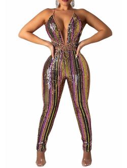 OLUOLIN Women Sexy Sparkly Sequins Lace up Backless Deep V Neck Sleeveless Bodycon Long Jumpsuit Romper Clubwear