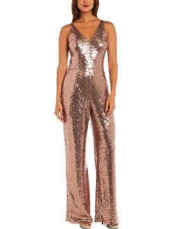 Nightway Womens Petites Sequined V-Neck Jumpsuit