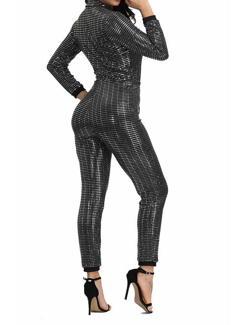 Molilove Clubwear for Women with Glitter Sequin Women's Sexy Glitter Tracksuit Jumpsuit