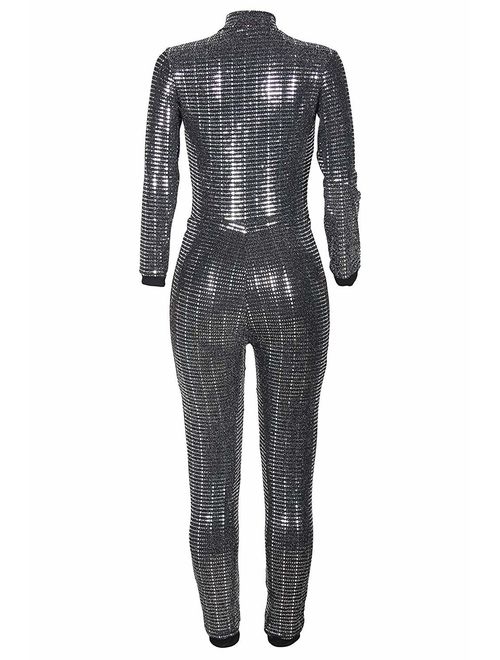 Molilove Clubwear for Women with Glitter Sequin Women's Sexy Glitter Tracksuit Jumpsuit