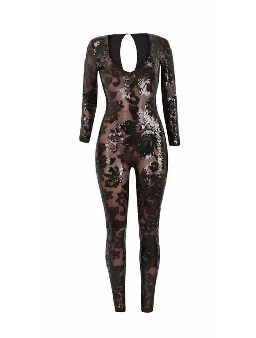 Women Sexy Sequins Jumpsuits Deep V Neck Long Sleeve Lace See Through Bodycon Club One Piece Outfit