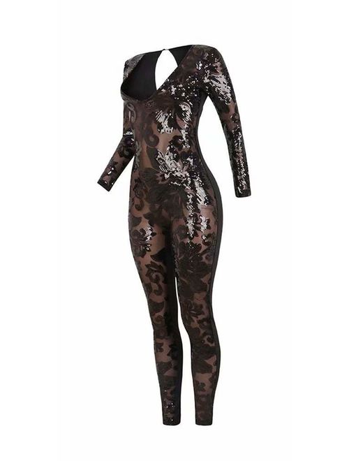 Women Sexy Sequins Jumpsuits Deep V Neck Long Sleeve Lace See Through Bodycon Club One Piece Outfit