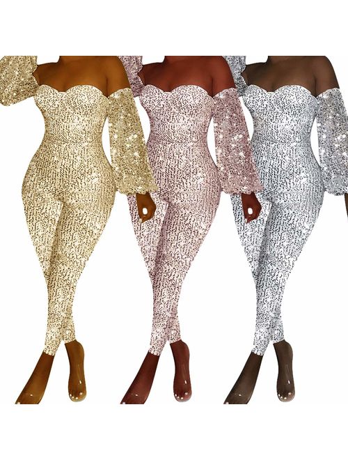 Andongnywell Women Sexy Sparkly Glitter Off Shoulder Bodycon Long Sleeve V Neck Clubwear One Piece Romper Jumpsuits