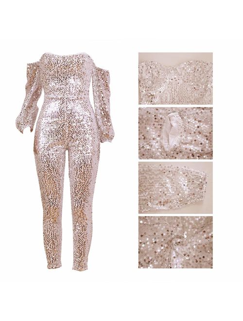 Andongnywell Women Sexy Sparkly Glitter Off Shoulder Bodycon Long Sleeve V Neck Clubwear One Piece Romper Jumpsuits
