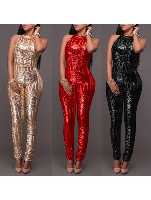 Highpot Women Sequin Jumpsuits Sexy Sleeveless Backless Bodycon Club Rompers