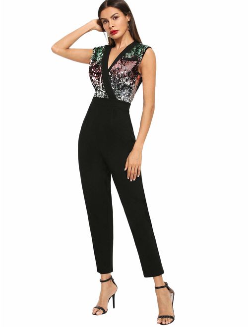 Romwe Women's Stretchy Sparkle Sequin V Neck Sleeveless Ankle Length Pants Cocktail Party Jumpsuit