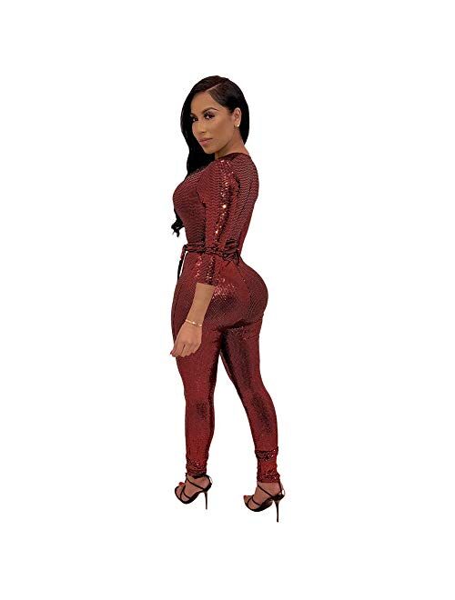 Kafiloe Womens Long Sleeve Sequin V Neck Zipper Belted Bodycon Party Jumpsuit Rompers Pants