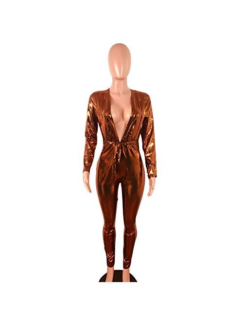 Kafiloe Womens Long Sleeve Sequin V Neck Zipper Belted Bodycon Party Jumpsuit Rompers Pants