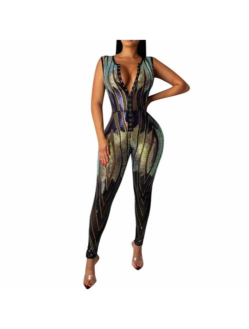 Xesvk Women's Rompers Popular V-Neck Sleeveless Fitting Sequin Rompers Jumpsuit Playsuit Siamese