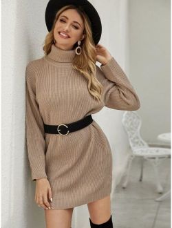 Drop Shoulder Turtleneck Sweater Dress Without Belt