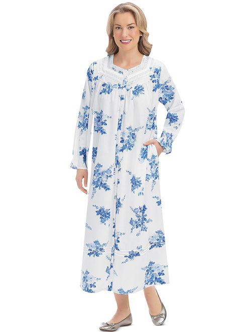 Comfortable Blue Flowers on White Background Cotton Robe with Lace Trim and Sweetheart Neckline