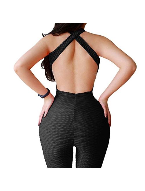 FITTOO Women Sexy Backless Slimming Textured Butt Lift Yoga Activewear Yoga Skinny Jumpsuits