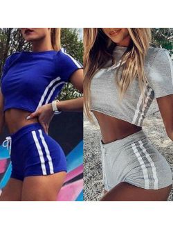 Women Summer 2Piece Set Crop Top and Shorts Bodycon Outfit Short Sport Jumpsuit Gray XL