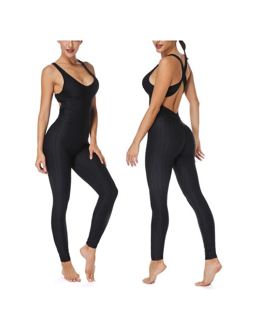FITTOO Women Ruched Butt Lift Texture Bodysuit Yoga Fitness Backless Workout Overalls Pants Gym Scrunch Booty Butt Jumpsuits