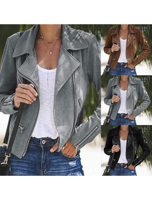 Hirigin Womens Ladies Leather Jacket Coats Zip Up Biker Casual Flight Top Coat Outwear