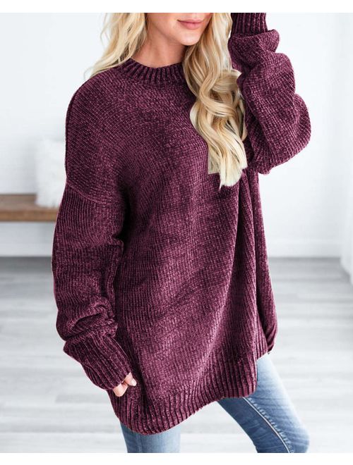 ZESICA Women's Autumn Long Sleeve Crew Neck Chenille Velvet Chunky Knitted Oversized Pullover Sweater Top