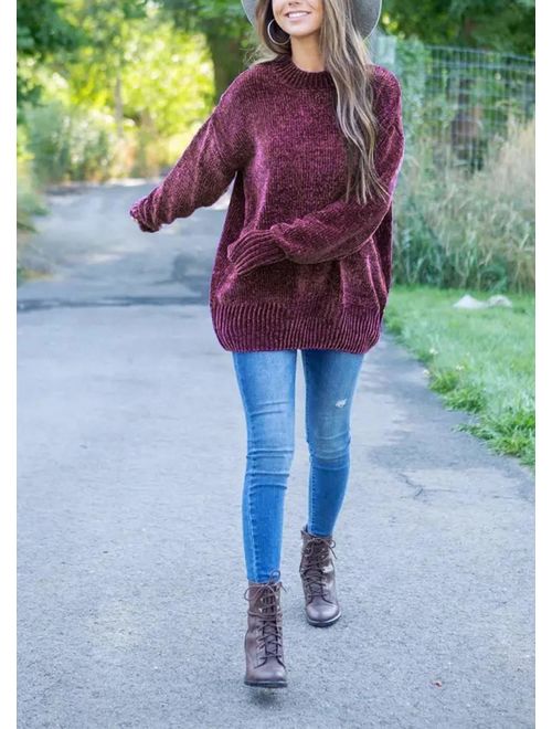 ZESICA Women's Autumn Long Sleeve Crew Neck Chenille Velvet Chunky Knitted Oversized Pullover Sweater Top