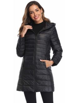 Obosoyo Women's Winter Packable Down Jacket Plus Size Lightweight Long Down Outerwear Puffer Jacket Hooded Coat