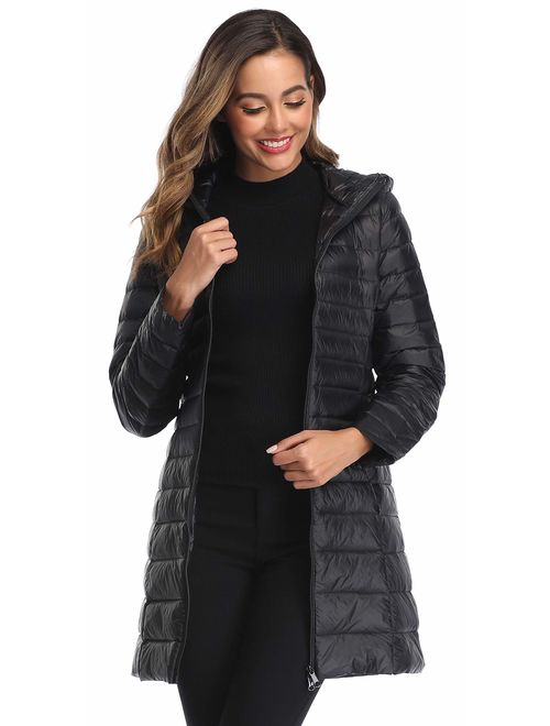Obosoyo Women's Winter Packable Down Jacket Plus Size Lightweight Long Down Outerwear Puffer Jacket Hooded Coat