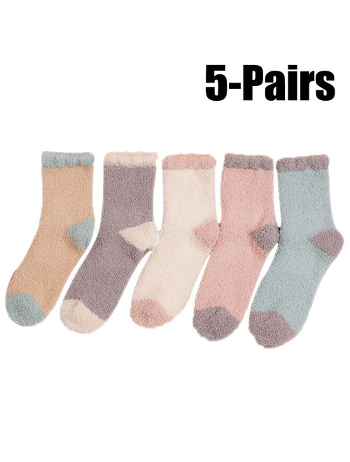 5 Pairs Plush Socks Coral Velvet Thicken Casual Socks Fuzzy Socks Short Socks Winter Socks for Women Girls