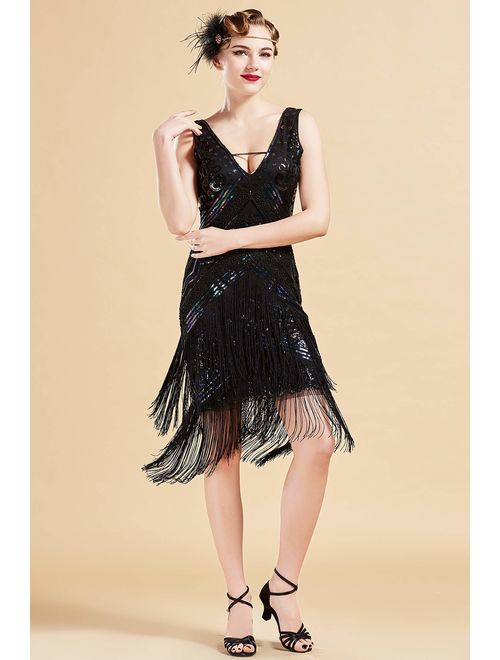 BABEYOND 1920s Flapper Dress V Neck Embellished Sequin Beaded Dress Roaring 20s Gatsby Fringe Party Dress