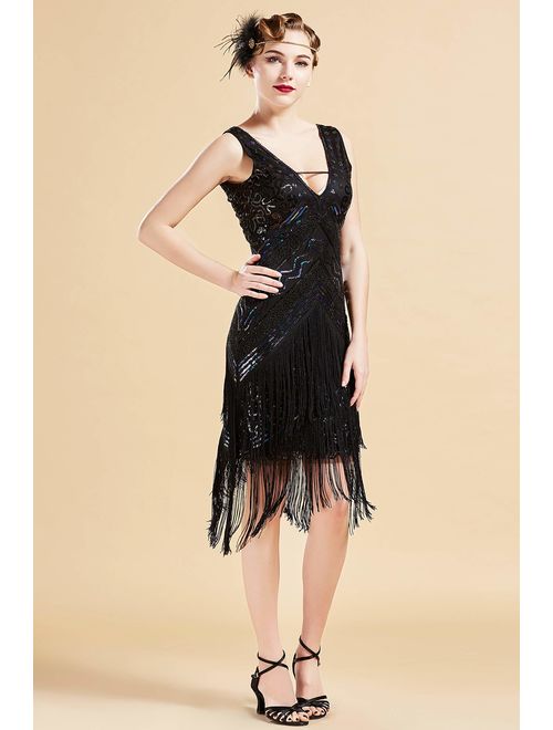 BABEYOND 1920s Flapper Dress V Neck Embellished Sequin Beaded Dress Roaring 20s Gatsby Fringe Party Dress