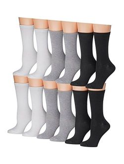 Magg Women's Lightweight Solid Colored Long Cotton Blended Assorted Crew Socks Packs 9-11 (12-pack, A- Assorted)