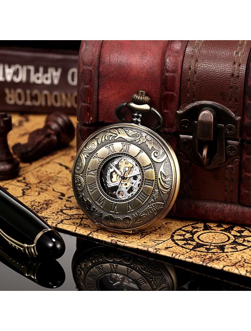 TREEWETO Men's Mechanical Roman Numerals Dial Skeleton Pocket Watches with Gift Box and Chains for Mens Women Black Bronze Gold Silver