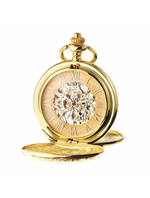 TREEWETO Men's Mechanical Roman Numerals Dial Skeleton Pocket Watches with Gift Box and Chains for Mens Women Black Bronze Gold Silver