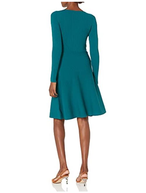 Lark & Ro Women's Long Sleeve Ribbed Crewneck Fit and Flare Sweater Dress
