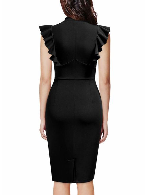 Knitee Women's Vintage Ruffle Sleeve V-Neck Bodycon Evening Party Cocktail Pencil Sheath Dress