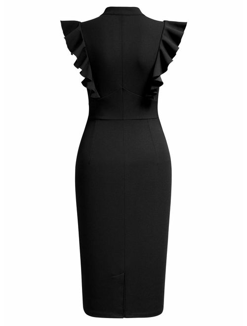 Knitee Women's Vintage Ruffle Sleeve V-Neck Bodycon Evening Party Cocktail Pencil Sheath Dress