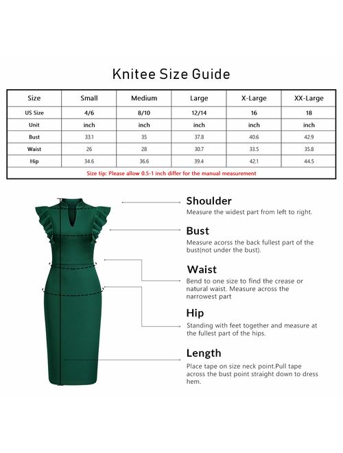 Knitee Women's Vintage Ruffle Sleeve V-Neck Bodycon Evening Party Cocktail Pencil Sheath Dress