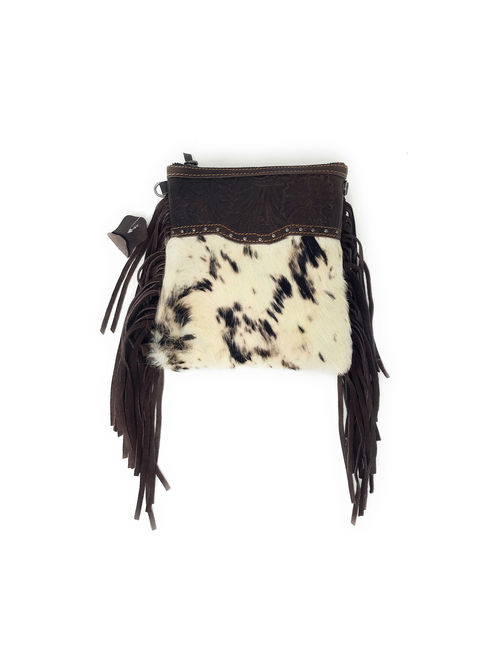 Western Genuine Leather Cowhide Fur Fringe Floral Tooled Womens Crossbody Bag