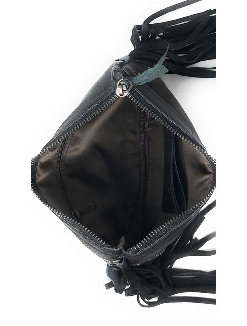 Western Genuine Leather Cowhide Fur Fringe Floral Tooled Womens Crossbody Bag