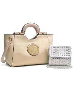 Gold Tone Loop Handle Shoulder Handbag with Removable Shoulder Strap & Studded Soft Crossbody Bag