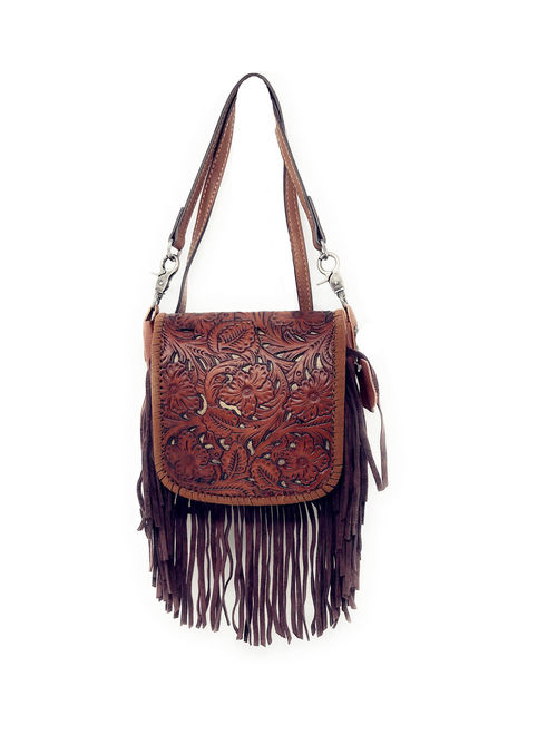 Western Genuine Leather Floral Tooled Fringe Womens Crossbody Bag In Multi Color