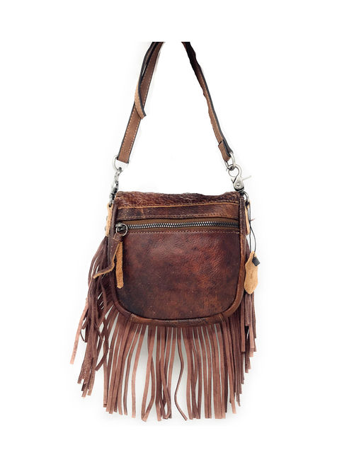 Western Genuine Leather Floral Tooled Fringe Womens Crossbody Bag In Multi Color