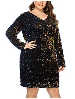 IN'VOLAND Womens Sequin Dress Plus Size V Neck Party Cocktail Sparkle Glitter Embellished Evening Stretchy Mini Bodycon Dresses