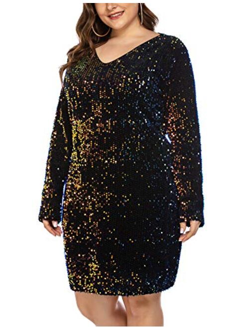 IN'VOLAND Womens Sequin Dress Plus Size V Neck Party Cocktail Sparkle Glitter Embellished Evening Stretchy Mini Bodycon Dresses